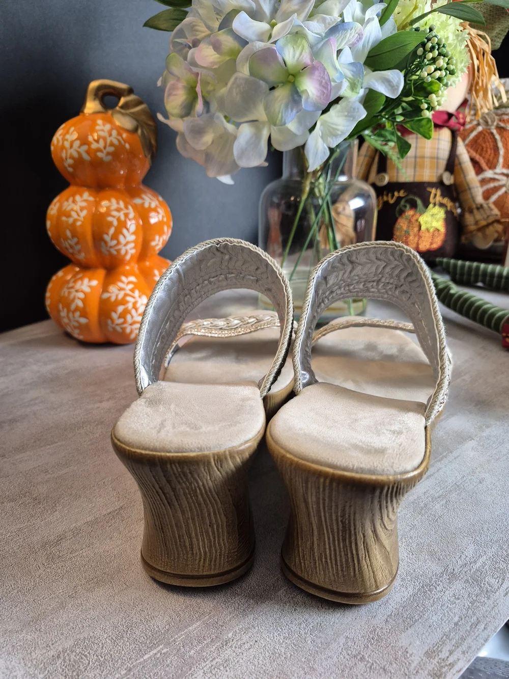 Woven Metallic Neutral Wedge Sandals - Women. Size 8